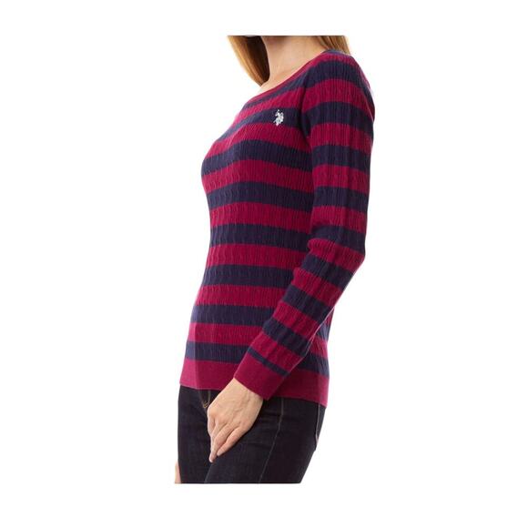 U.S. Polo Assn. V-neck Stripe Cable Sweater evening Blue & redWomen's SizeM NWT - Picture 1 of 6